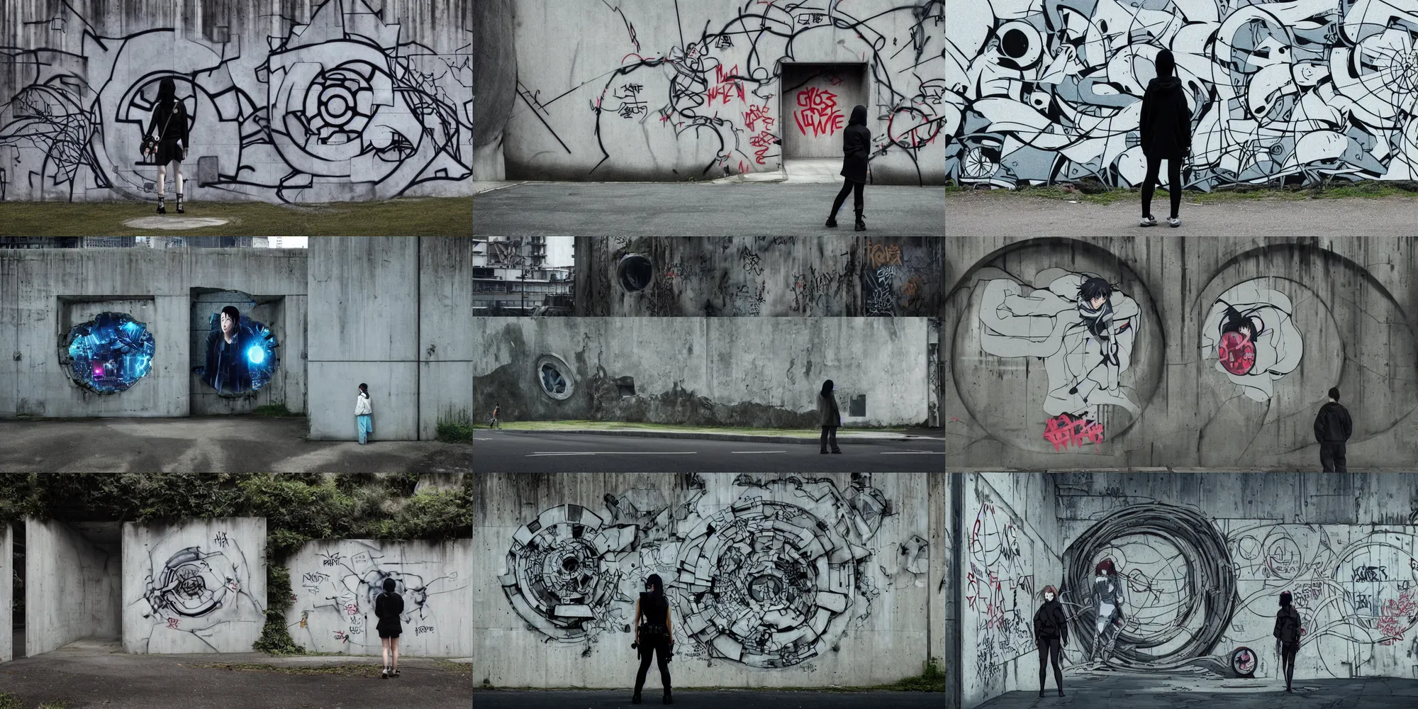 Prompt: ghost in the shell, ghibli movie scene, vanishing point, hobbit hole, overgrown, ultra wide, brutalist, white hoodie girl outside a large hole in the side of a concrete wall, huge black circle, huge black round hole, black depths, posters, notices, graffiti, stickers, banners, police tape, junk, vines, spiderwebs