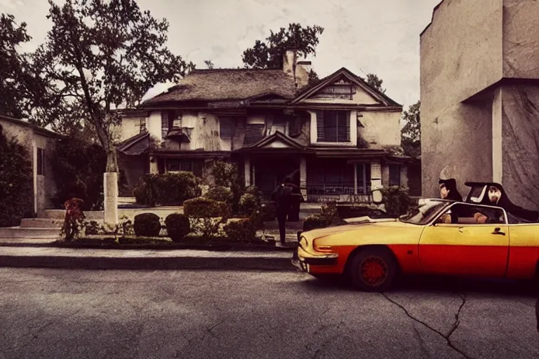 Prompt: movie scene, assassin waiting outside a house in his car, silenced pistol, beautiful wealthy residential street by emmanuel lubezki