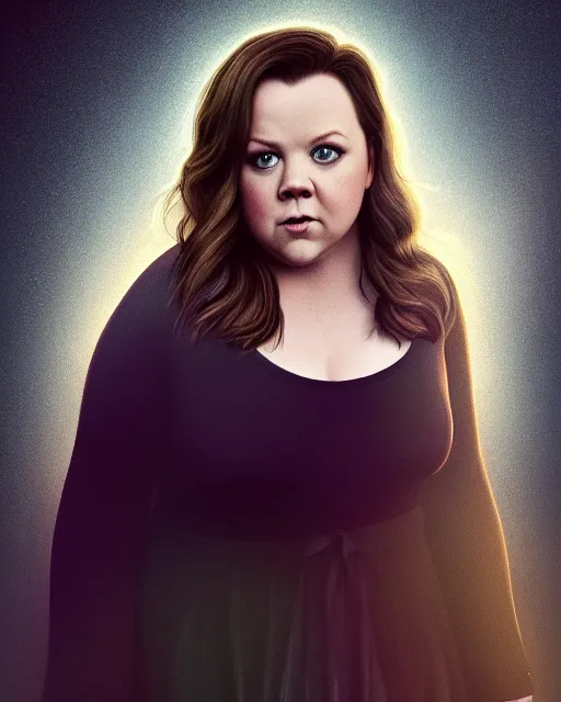 Image similar to Full potrait of Melissa McCarthy as an angel, hyper realistic, prismatic highlights, atmosphere, gorgeous, depth of field, cinematic, macro, concept art, 50mm, artstation, wlop, elegant, epic, weta digital, focus, octane render, v-ray, 8k, kodak portra, art by Liberatore