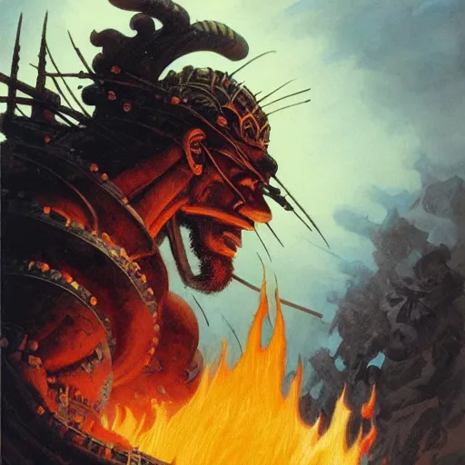 Image similar to head and shoulders portrait of a samurai fire giant, wreathed in flame, d & d, fantasy, greg rutkowski, frank frazetta, alexandre chaudret, boris vallejo, michael whelan, miro petrov, hr giger, magali villeneuve, donato giancola