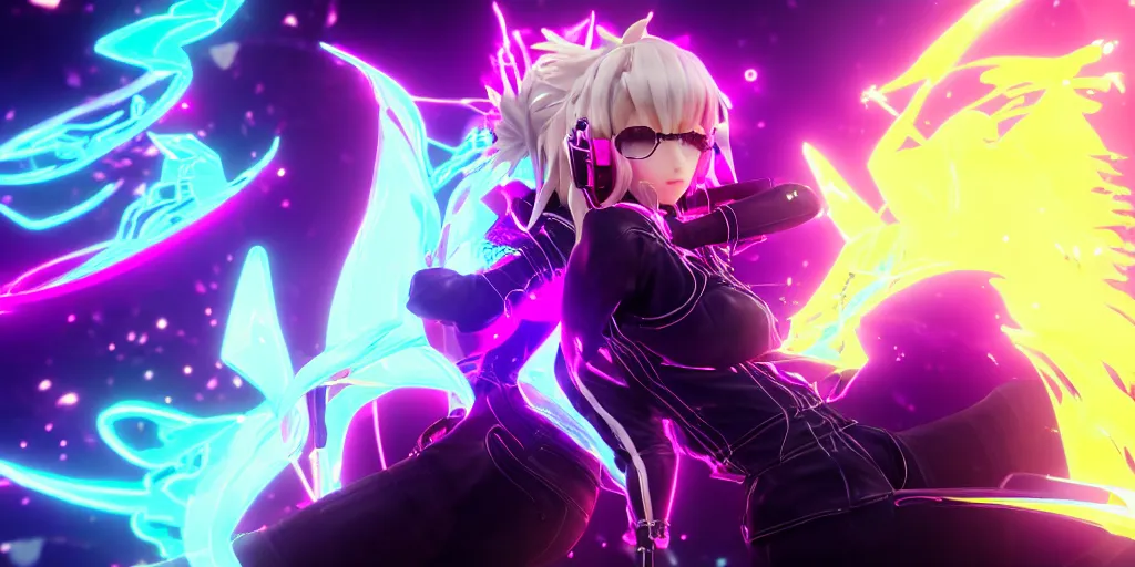 Image similar to KDA Ahri with her eyes closed singing facing the camera centered with headphones on in the style of a code vein character, momo from twice in code vein in the style of WLOP, artgerm, yasutomo oka, rendered in unreal engine and redshift octane , background is surrounded by epic neon glitch effect digital art dynamic dramatic lighting, soft lighting, imagine fx, artstation, cgsociety, by Bandai Namco artist,