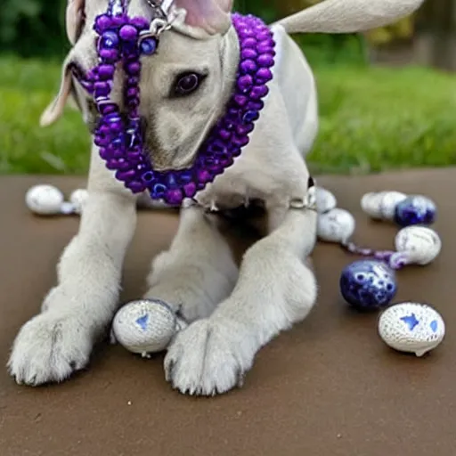 Prompt: a dog with a tail made of rosary beads