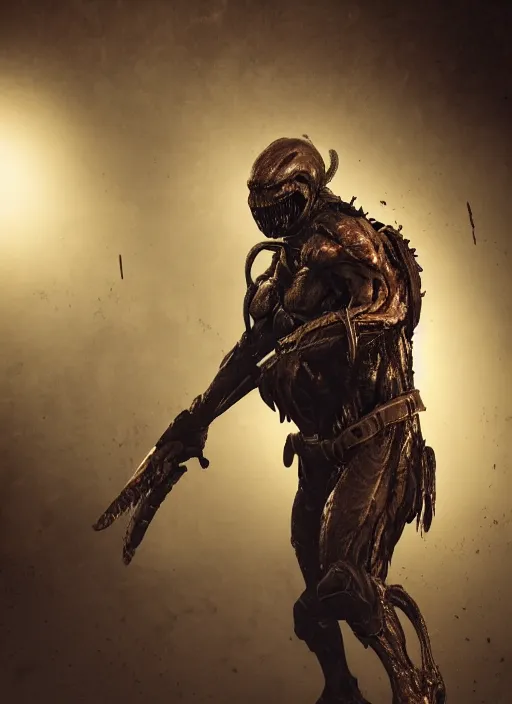 Image similar to a photorealistic dramatic hyperrealistic render of predator the alien hunter, ultra realistic details, well worn, rust, oil stains designed by vitaly bulgarov and mike nash, beautiful dramatic dark moody tones and lighting, cinematic atmosphere, studio lighting, global illumination, shadows, dark background, octane render, 8 k