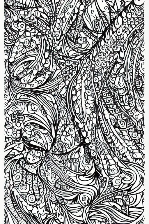 Image similar to parrot, repeating patterns, fractal, ink drawing, line art colouring page