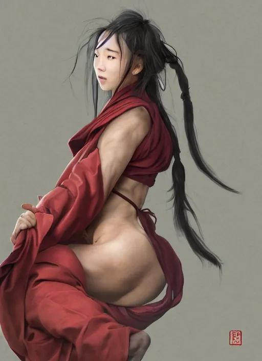 Prompt: portrait of a female drunken master monk exercising by wlop, wuxia, xianxia, drunken boxing, drunken fist, drunken master, dark olive skin, athletic, playful, beautiful, fully clothed, monk's robe, detailed, realistic, anatomically accurate, fantasy illustration, artstation, wlop, 4 k.