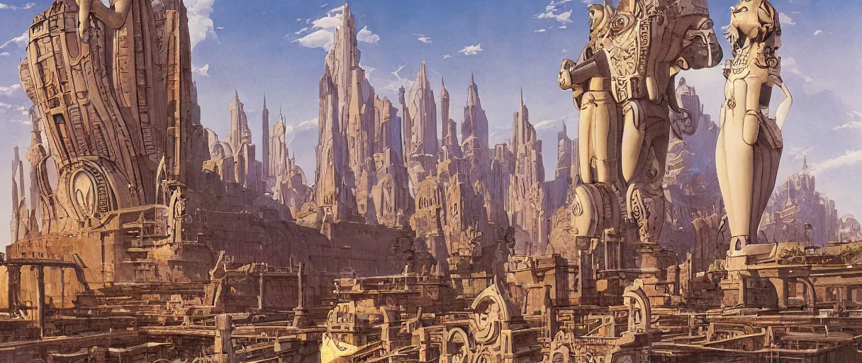 Prompt: A beautiful illustration of a River canal city guarded by massive statues of anthropomorphic Feline gods by Robert McCall and Ralph McQuarrie | sparth:.2 | Time white:.2 | Rodney Matthews:.2 | Graphic Novel, Visual Novel, Colored Pencil, Comic Book:.5 | unreal engine:.3 | establishing shot:.7