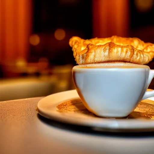 Prompt: realistic detailed photo of a steaming cup of coffee on a saucer with a flaky pastry on the side and a coffee spoon next to it on the table, hotel lobby in the background, hdr, volumetric lighting, dim light, diffuse light, depth of field