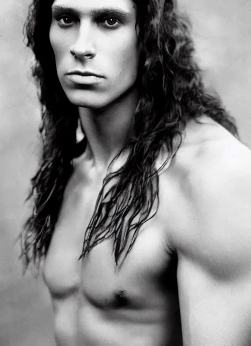 Image similar to a very skinny young Tarzan close-up portrait of young white male, with long dark brown slicked back hair shoulder length