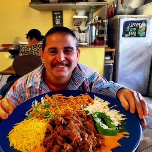 Prompt: a giant plate of indiscriminate mexican food with a smiling man behind it