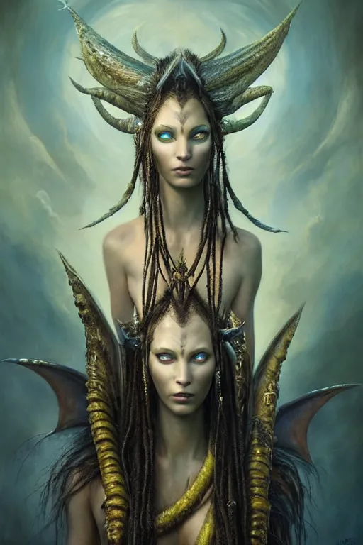 Prompt: a stunning ultra detailed fantasy fine art portrait photo of a na'vi goddess from avatar movie wearing bat wings on the head, by tom bagshaw, karol bak and anna dittman, full body shot, arms made of dragon skin, golden ratio composition, deep depth of field, perfect eyes and face, cyberpunk, soft lighting, artstation, 8 k