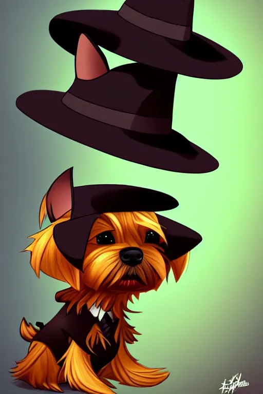 Image similar to the cutest yorkshire terrier detective wearing a fedora hat by Joe Madureira and Johannes Helgeson, trending on artstation, ominous, mysterious