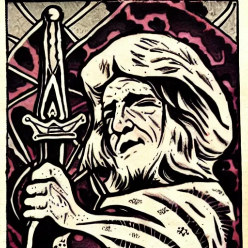 Prompt: tattoo design, stencil, a tarot card of a old man resting on a sword