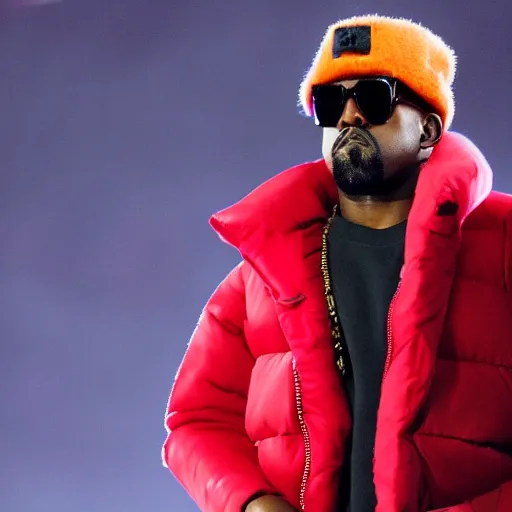 Prompt: kanye west wearing a red puffer jacket and red pants, standing in a stadium