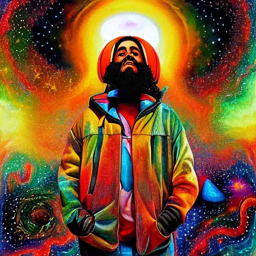 Image similar to a high hyper detailed painting with many complex textures of a damian marley like man making music in the cosmos, cosmic surrealpsychedelic magic realism spiritual ufo art