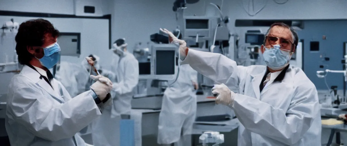 Prompt: a color 3 5 mm film photograph closeup of a middle aged stubbly caucasian scientist with short black hair and a surgical mask with his hands flailing in the air yelling to someone off camera in top secretly military lab in 1 9 8 2