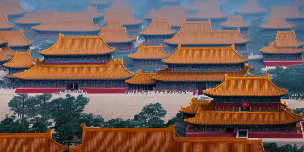 Image similar to a very high resolution image from a new movie, super fantasy shape of cyberpunk building and forbidden city, front view, photorealistic, photography, directed by wes anderson