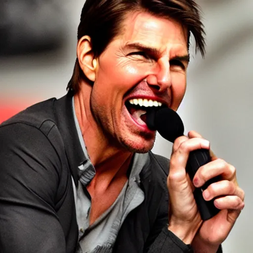 Prompt: Tom Cruise eating a microphone like an apple the microphone is being crushed by his massive teeth, photo realistic, highly detailed, natural lighting, eating!!!! a microphone, 4k