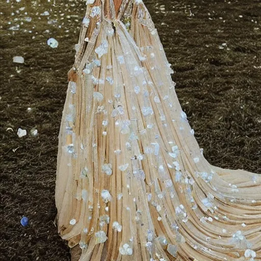 Image similar to a long wedding dress with a train made of flower petals made of light - colored fabric. transparent in places. in places, patterns of precious stones. intricate patterns of gold thin threads. fantasy. clear details