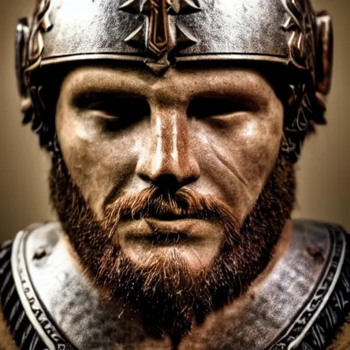 Prompt: a 9 th century viking, extremely pronounced masculine features, leather armor with nordic religious decorations, low dutch angle, face in focus, natural lighting, realism, nordic facial structure, muscular