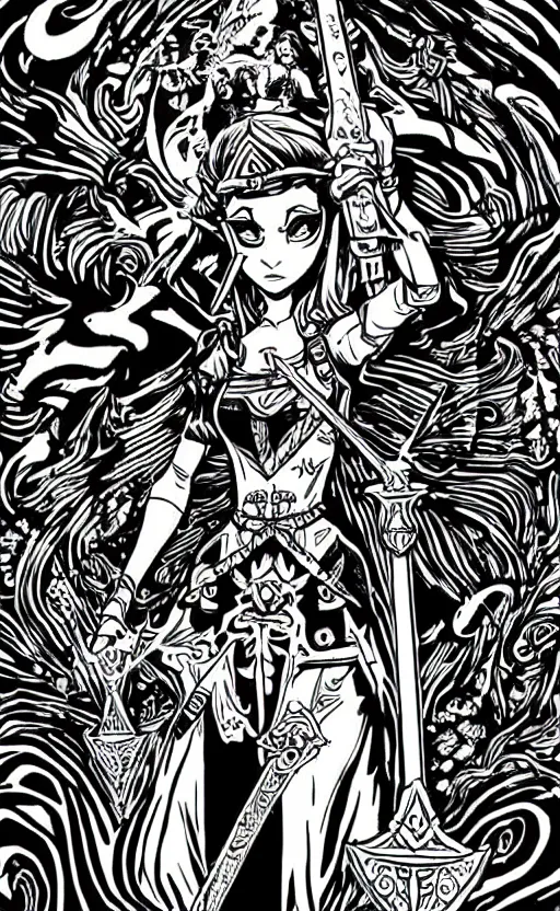 Prompt: mcbess illustration of Princess Zelda holding the master sword