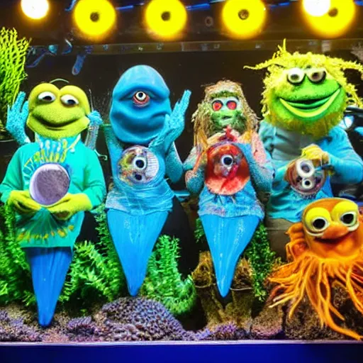 Prompt: a cast of aquatic puppets based on real fish and aiming to bring awareness to ocean pollution, in the style of muppets, in an aquarium, lighting from spongebob the musical on broadway, real, photograph, cinematic