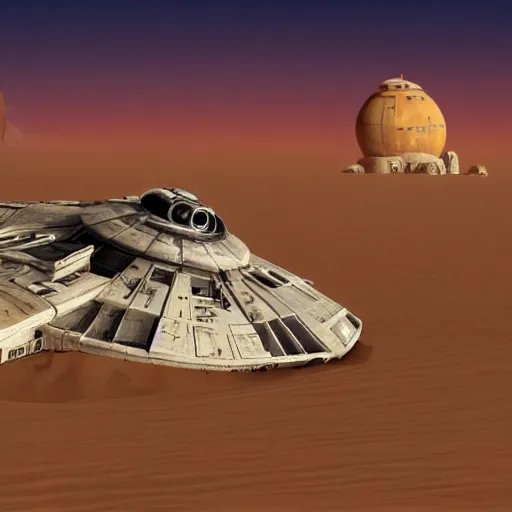 Image similar to The spaceship Millenium Falcon half-buried in sand on Tatooine, cinematic lighting, concept art, trending on artstation