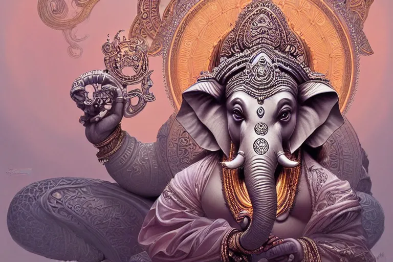 Image similar to rhodium ganesha, mandala, fantasy, intricate, elegant, highly detailed, digital painting, artstation, concept art, matte, sharp focus, illustration, art by artgerm and greg rutkowski and alphonse mucha