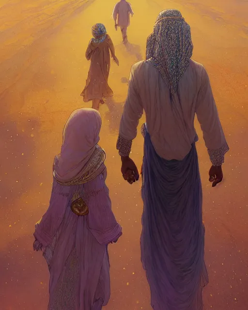 Image similar to bedouin man and woman and child in galaxy walking towards mosque surrounded by nebula, highly detailed, gold filigree, romantic storybook fantasy, soft cinematic lighting, award, disney concept art watercolor illustration by mandy jurgens and alphonse mucha and alena aenami, pastel color palette, featured on artstation