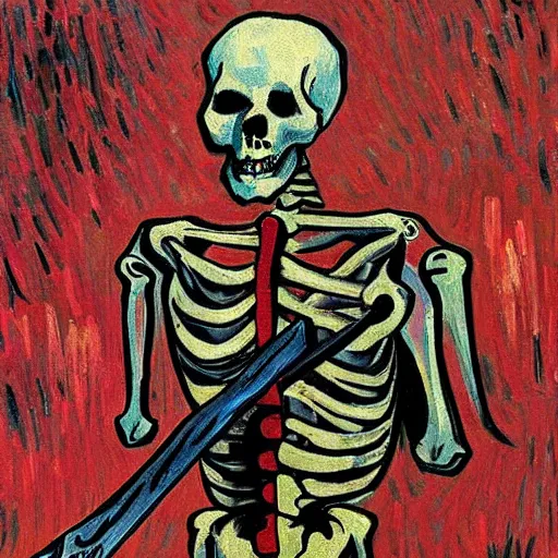 Image similar to a bloody skeleton holding a knife in the style of vincent van gogh