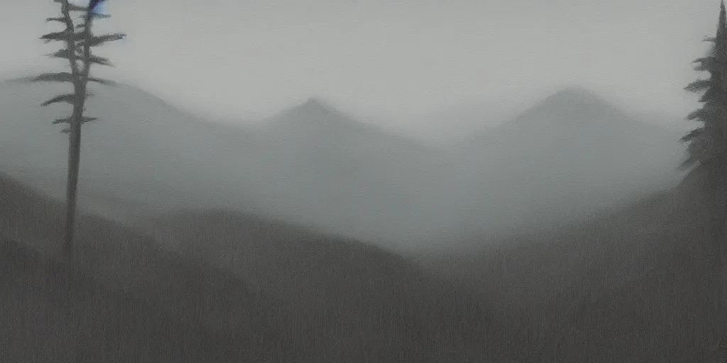 Image similar to jon hale painting of twin peaks, ominous, foggy, lone figure of dale cooper in distance, lonely, visible brush strokes, blurry, hd image