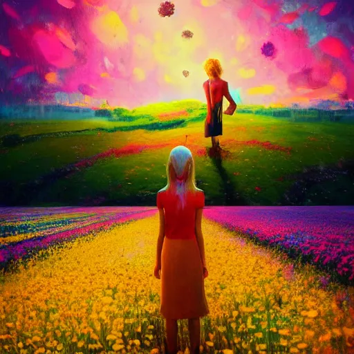 Image similar to girl with an blooming flower face, surreal photography, dream, standing in flower field, magical, in a valley, sunrise dramatic light, impressionist painting, colorful clouds, artstation, simon stalenhag, flower face