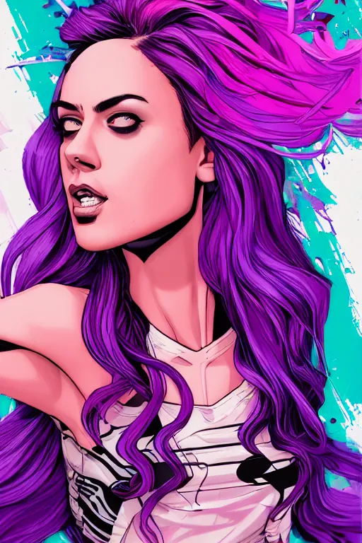 Image similar to a award winning half body porttrait of a beautiful woman in a croptop with ombre purple pink teal hairstyle with head in motion and hair flying by marvel comics and sandra chevrier, outrun, vaporware, illustration, digital art, trending on artstation, highly detailed, fine detail, intricate