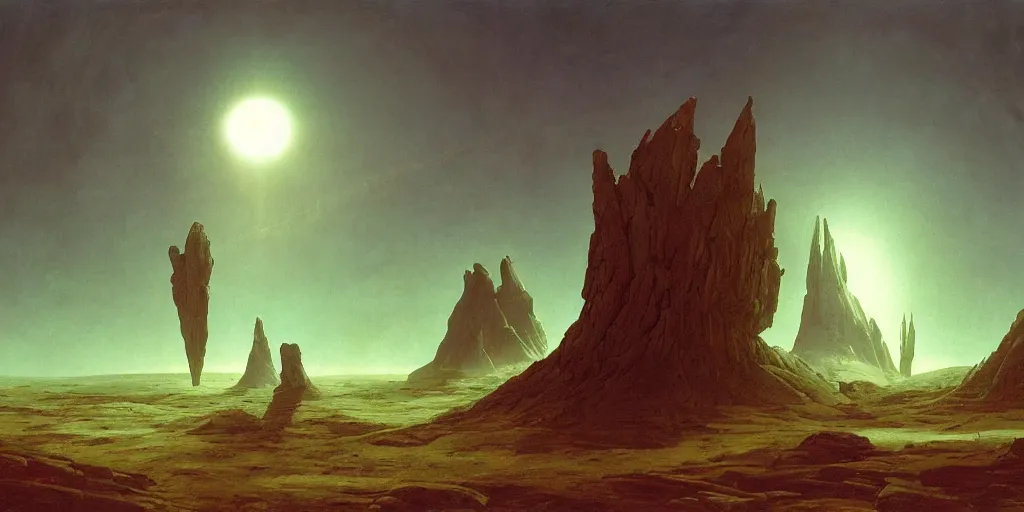 Image similar to large spaceship orbiting over a alien planet, volumetric light from nearby star, style by caspar david friedrich and wayne barlowe and ted nasmith.