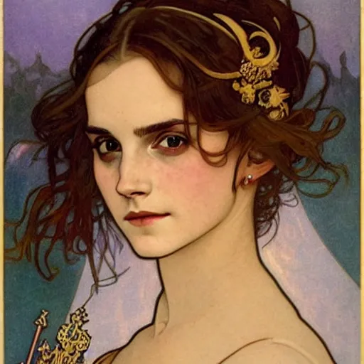 Prompt: emma watson portrait by louis - theophile hingre and alphonse mucha, realistic, sharp focus, zodiac signs, tarot cards, planets, ethereal, art nouveau, magic, moon, sun, crown, dreamy, royal, jewellery