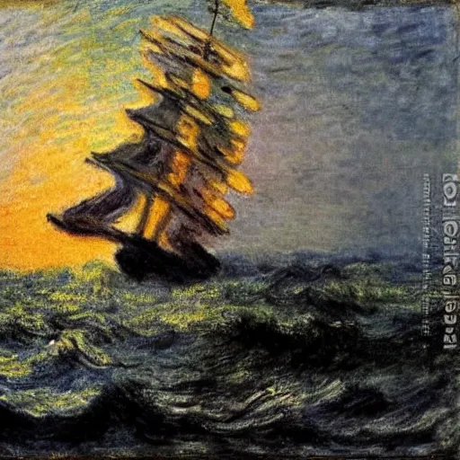 Image similar to large ship being tossed about in a fierce storm in the sea, dark, low light, terrifying, beautiful, monet painting