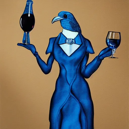 Prompt: anthropomorphic raven in blue silk gown holds a glass of wine - subject details: anatomically accurate and highly detailed facial features with realistic and highly detailed by greg rutkowsky