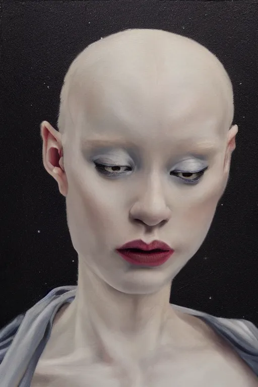 Image similar to hyperrealism oil painting, close - up portrait of albino medieval fashion model, black silk, steel gradient mixed with nebula sky, in style of baroque