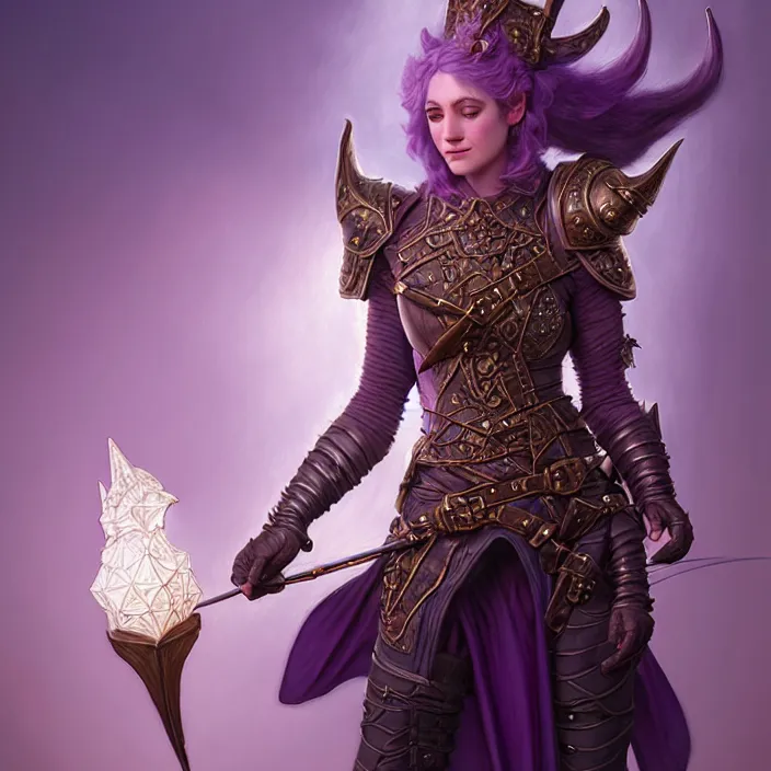 Prompt: d & d bard with her lilac leather armor in a fantasy town, volumetric lighting, fantasy, intricate, elegant, highly detailed, lifelike, photorealistic, digital painting, artstation, fox ears illustration, concept art, sharp focus, by john collier and albert aublet and krenz cushart and artem demura and alphonse mucha