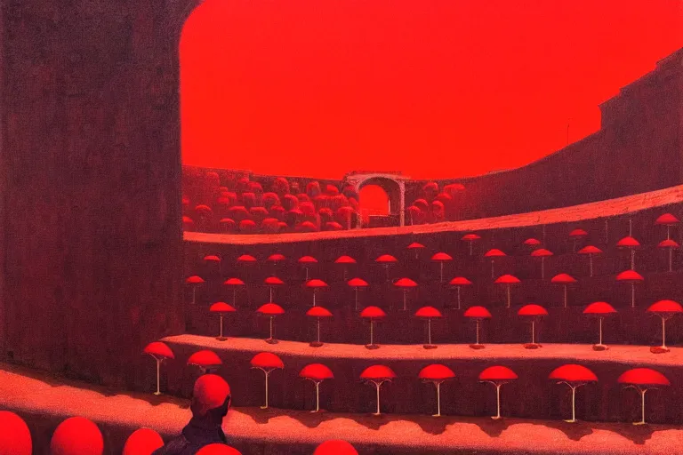 Image similar to only with red, a red great emperor, taormina amphitheatre, crowd with big smile, in the style of beksinski, parts by edward hopper, parts by rodcenko, parts by yue minjun, intricate and epic composition, red by caravaggio, insanely quality, highly detailed, masterpiece, red light, artstation, 4 k