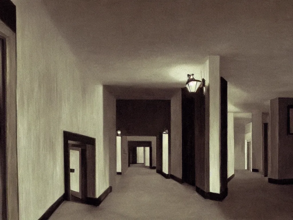 Image similar to the shinning hotel hallway, 70s, americana, dim, dark, lone scary silhouette in the distance, ultra view angle view, realistic detailed painting by edward hopper