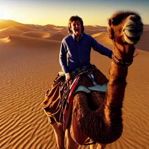 Prompt: Paul McCartney riding a camel in the desert, 8k, high definition, highly detailed, photo-realistic