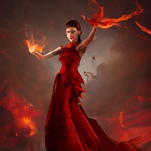 Prompt: a female magician with deep red dress and magic fire and flame circling around, intricately detailed, physically based rendering, realistic, in the style of WLOP, illustration, epic, fantasy, hyper detailed, smooth, unreal engine, sharp focus, ray tracing