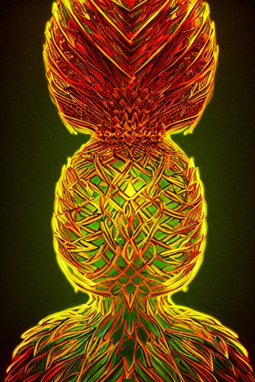 Image similar to glowing luminescent pineapple humanoid figure monster, symmetrical, highly detailed, digital art, sharp focus, trending on art station, amber eyes, autumnal colours