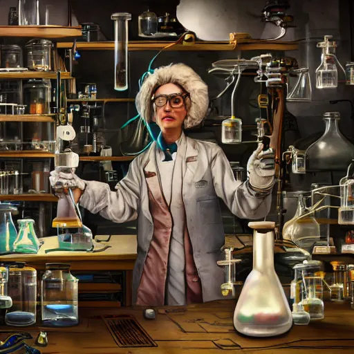 Image similar to mouse in a lab coat performing a chemistry experiment, in a cluttered lab, lots of beakers, illustration, cyberpunk, sci - fi fantasy, intricate, elegant, highly detailed, digital painting, artstation, concept art