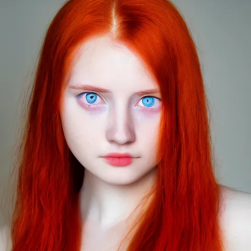 Image similar to portrait of the young lady with red hair, yellow circle pupils, soft skin, front view, 8k, highly detailed, photography