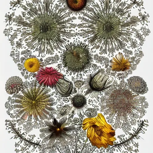 Prompt: a drawing of a bunch of flowers on a white background, a digital rendering by earnst haeckel, behance contest winner, generative art, repeating pattern, made of insects, made of flowers
