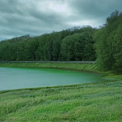 Image similar to at the dam there was a field, with a path running through it, and the sky was a pale blue with no clouds, and the trees stood silent in their verdure