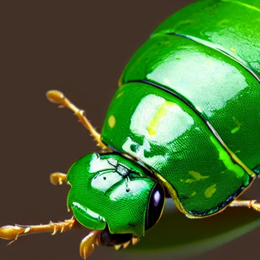 Prompt: green beetle with snail home, photorealistic, close - up