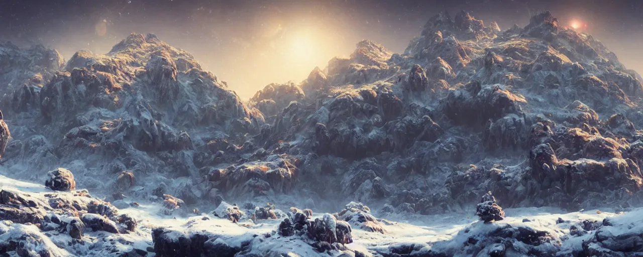 Image similar to ” outer planet with a rugged snow topped mountain range, [ art by paul lehr, cinematic, detailed, epic, widescreen, opening, establishing, mattepainting, photorealistic, realistic textures, octane render ] ”