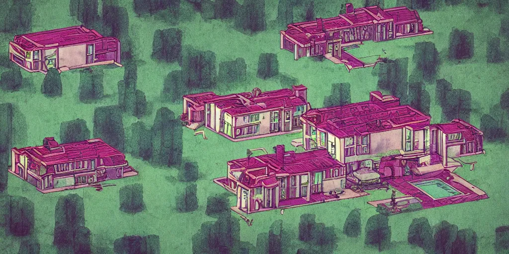 Image similar to 80s mansion in the style of simon stalenhag